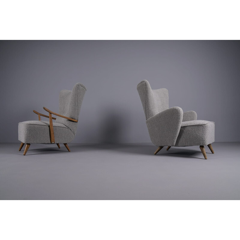 Paar vintage wingback fauteuils in grijze boucle stof, 1950