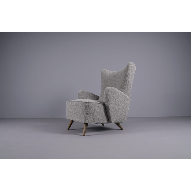 Pair of vintage wingback armchairs in grey boucle fabric, 1950s