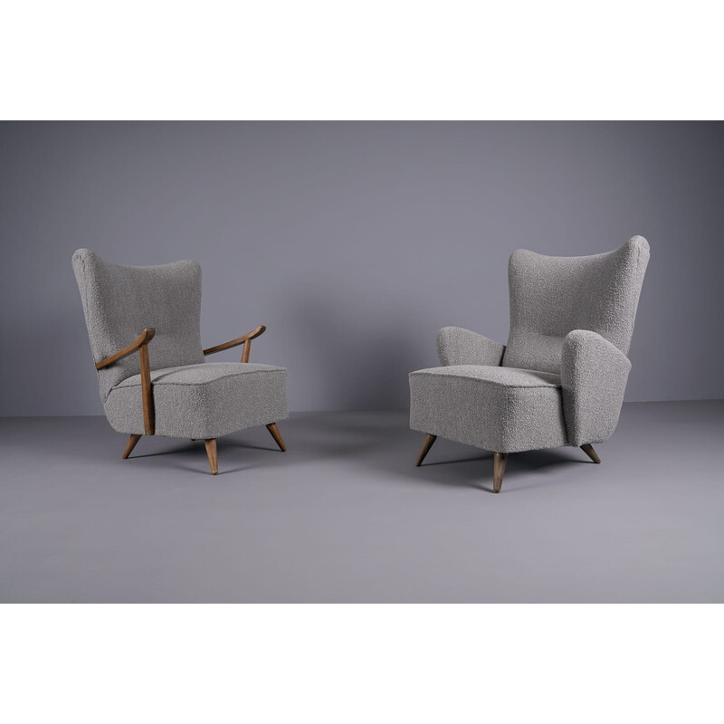 Pair of vintage wingback armchairs in grey boucle fabric, 1950s
