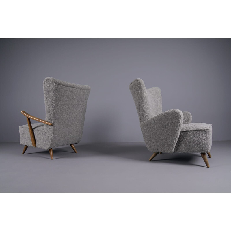 Pair of vintage wingback armchairs in grey boucle fabric, 1950s