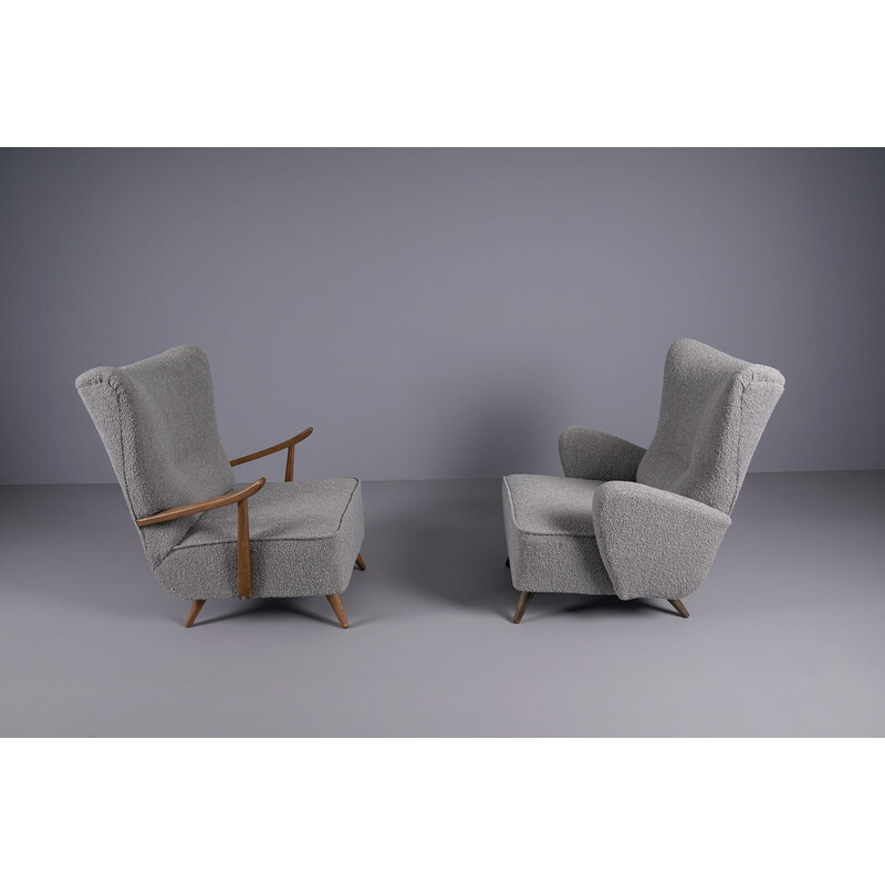 Paar vintage wingback fauteuils in grijze boucle stof, 1950