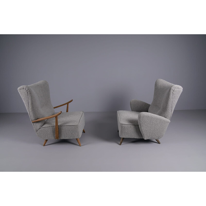 Pair of vintage wingback armchairs in grey boucle fabric, 1950s