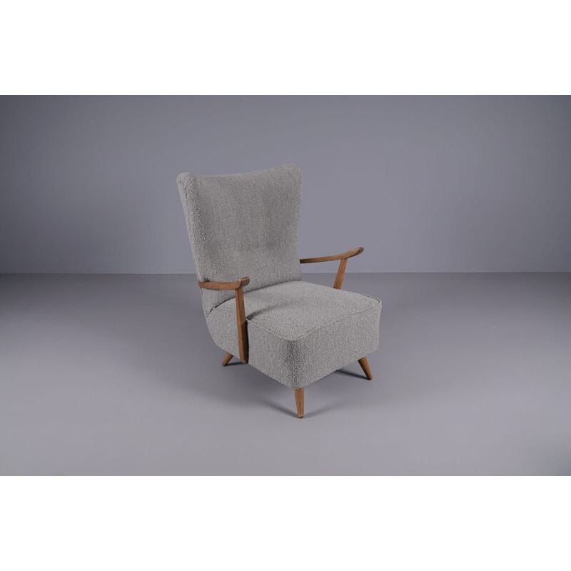 Paar vintage wingback fauteuils in grijze boucle stof, 1950