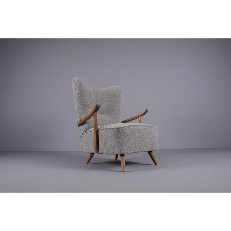 Paar vintage wingback fauteuils in grijze boucle stof, 1950