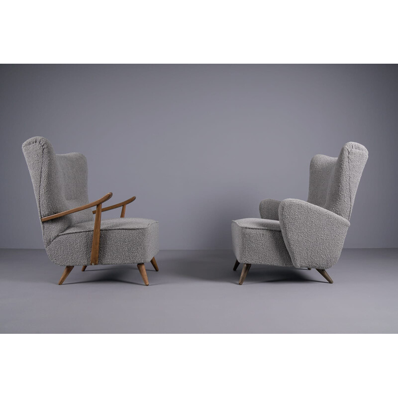 Paar vintage wingback fauteuils in grijze boucle stof, 1950