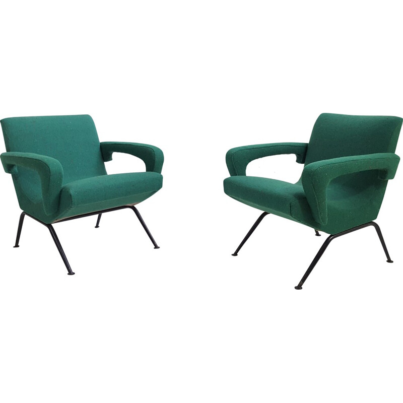 Pair of green fabric and black legs armchairs - 1950s