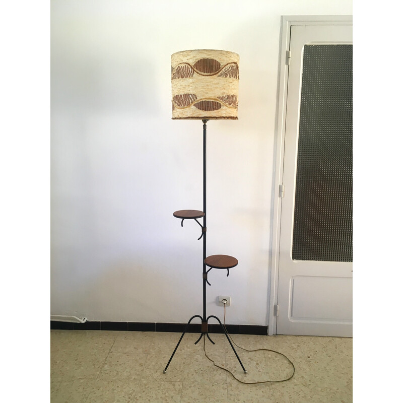 Vintage tripod floor lamp with wool lampshade, 1950