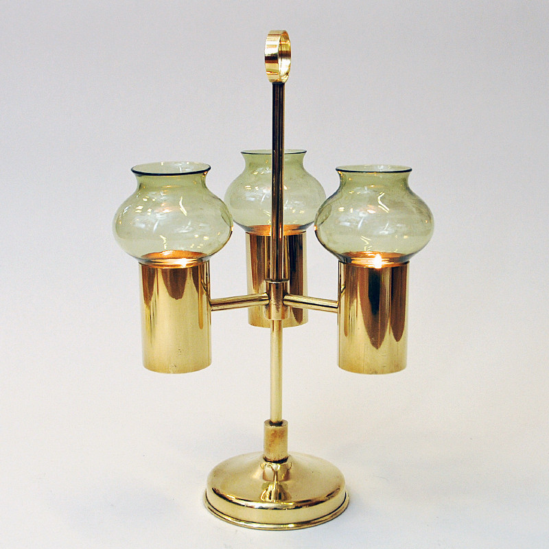 Norwegian vintage brass candlestick with three arms by Odel Messing, 1960s
