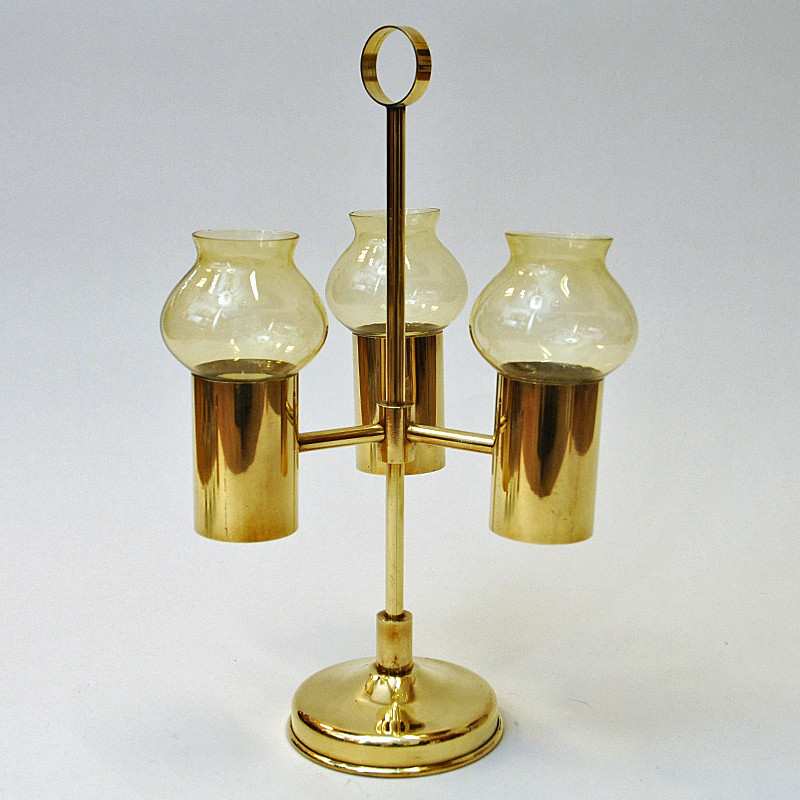 Norwegian vintage brass candlestick with three arms by Odel Messing, 1960s