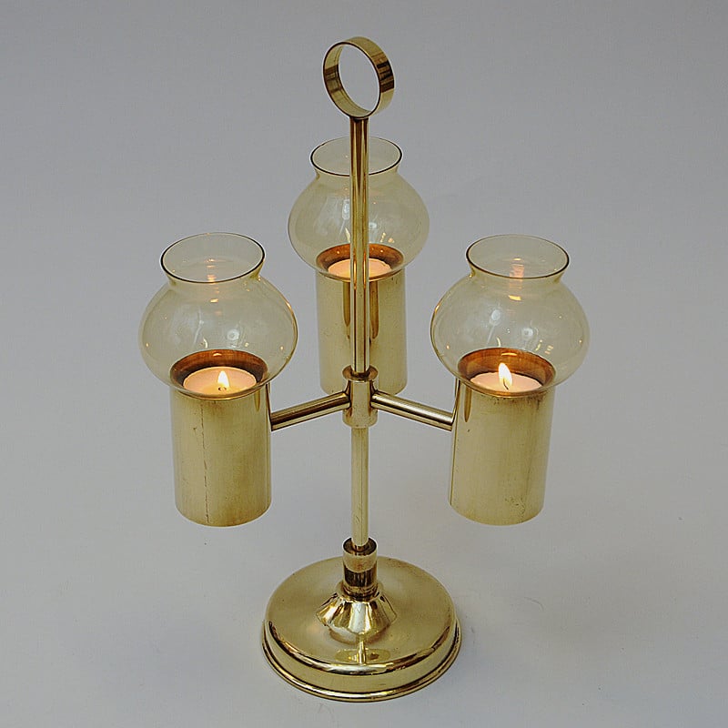 Norwegian vintage brass candlestick with three arms by Odel Messing, 1960s
