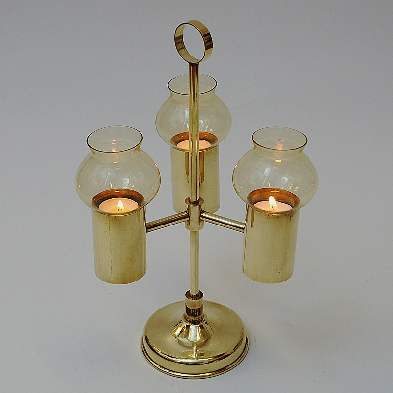 Norwegian vintage brass candlestick with three arms by Odel Messing, 1960s