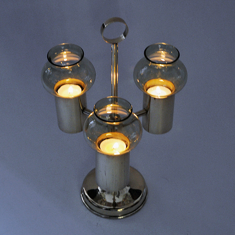 Norwegian vintage brass candlestick with three arms by Odel Messing, 1960s