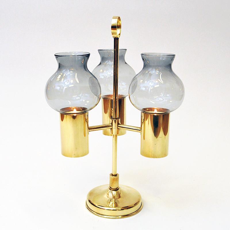 Norwegian vintage brass candlestick with three arms and smoked shades by Odel Messing, 1960s