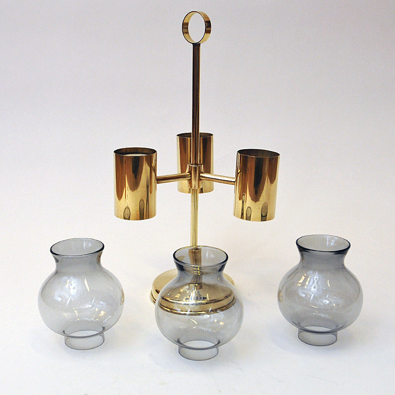 Norwegian vintage brass candlestick with three arms and smoked shades by Odel Messing, 1960s