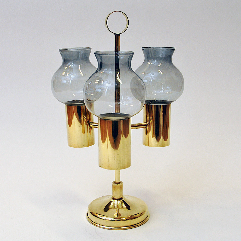 Norwegian vintage brass candlestick with three arms and smoked shades by Odel Messing, 1960s