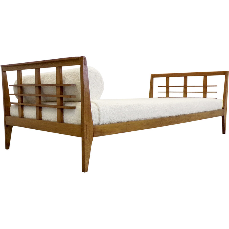 Madeira de carvalho vintage e cama de tecido de dia por René Gabriel, 1950