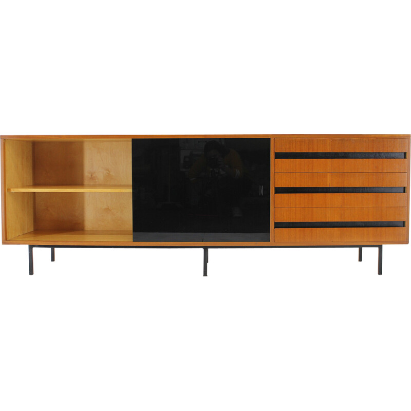 Vintage mahogany and black glass sideboard, Czechoslovakia 1970s