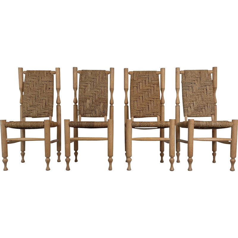 Rustic beech and rope dining chair by Adrien Audoux and Frida Minet for Vibo Visoul France 1950s, set of 4