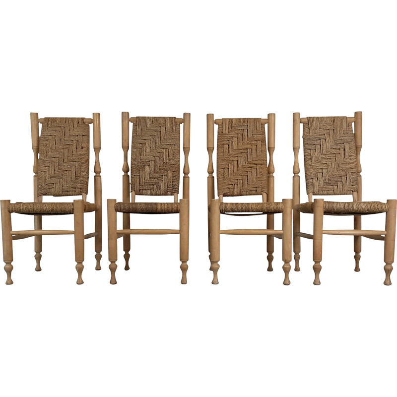 Set of 4 vintage rustic beechwood and rope dining chairs by Adrien Audoux and Frida Minet for Vibo Visoul, France 1950s