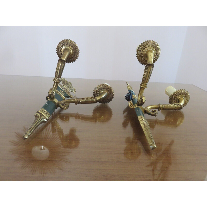 Pair of vintage Lucien Gau wall lamps in solid bronze gilded with bright gold