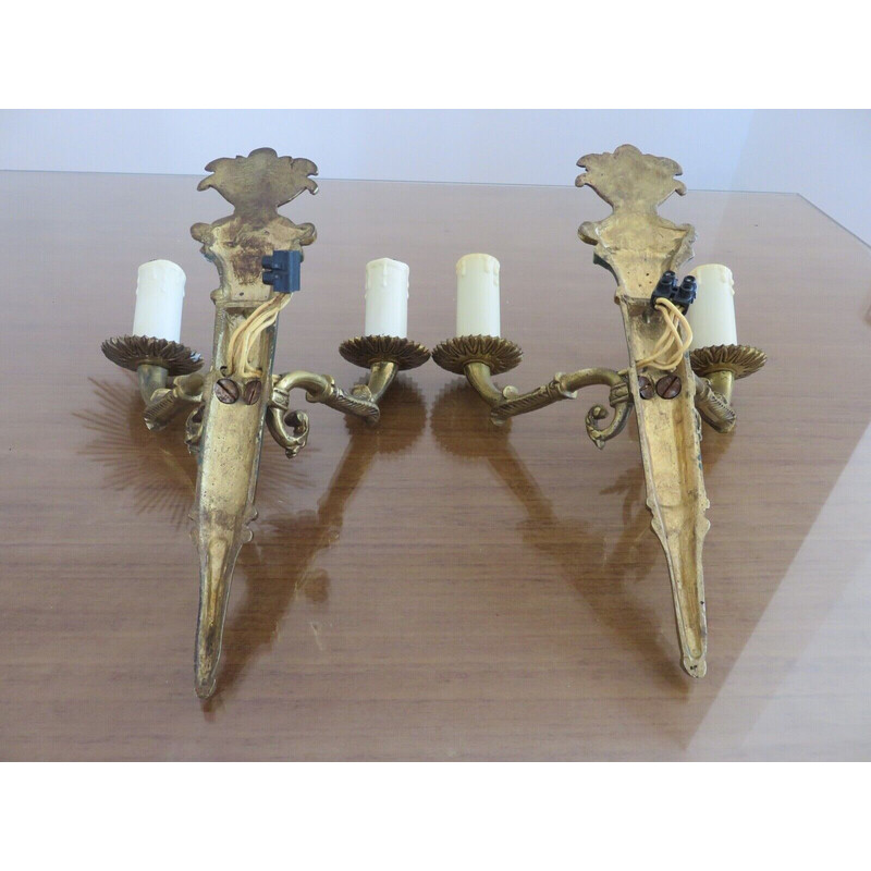 Pair of vintage Lucien Gau wall lamps in solid bronze gilded with bright gold