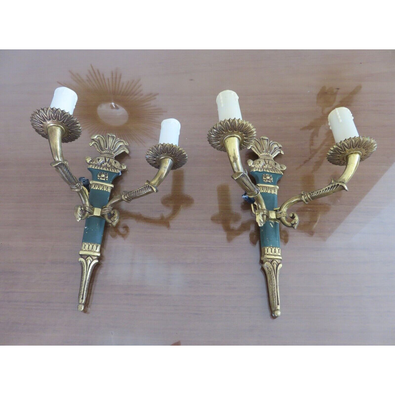 Pair of vintage Lucien Gau wall lamps in solid bronze gilded with bright gold