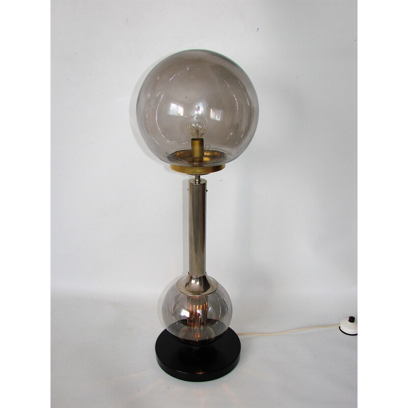Lámpara de mesa vintage de acero niquelado y cristal, años 70
