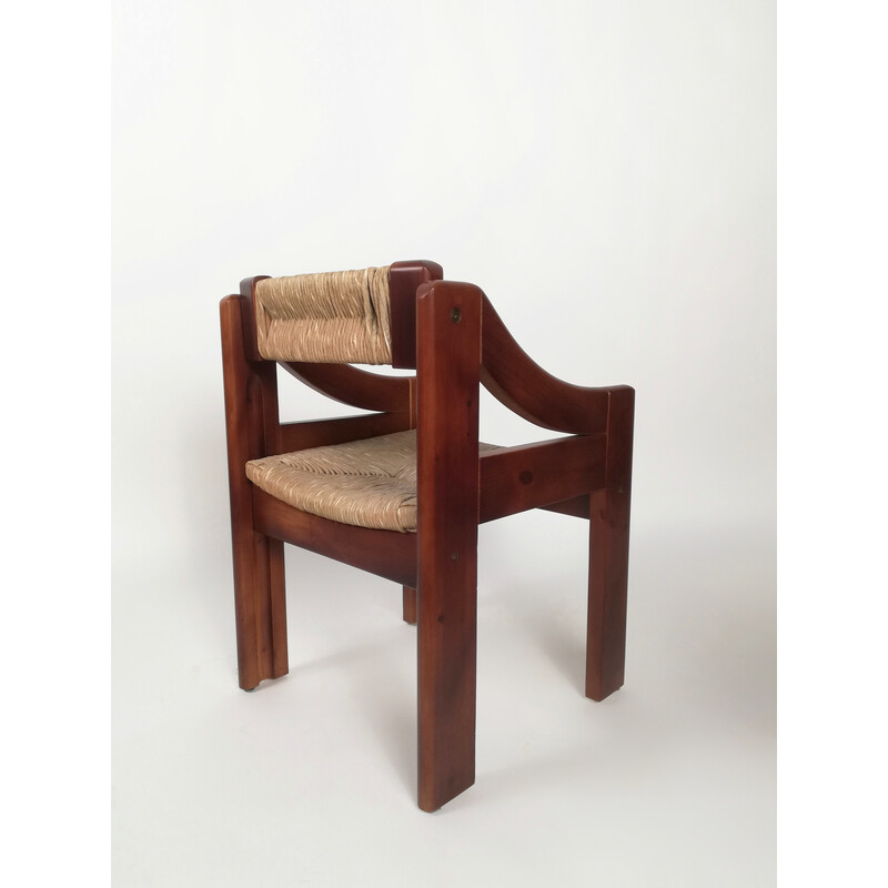 Set van 4 mid-century Brutalistische grenen en stro stoelen van Fratelli Montina, Italië 1960