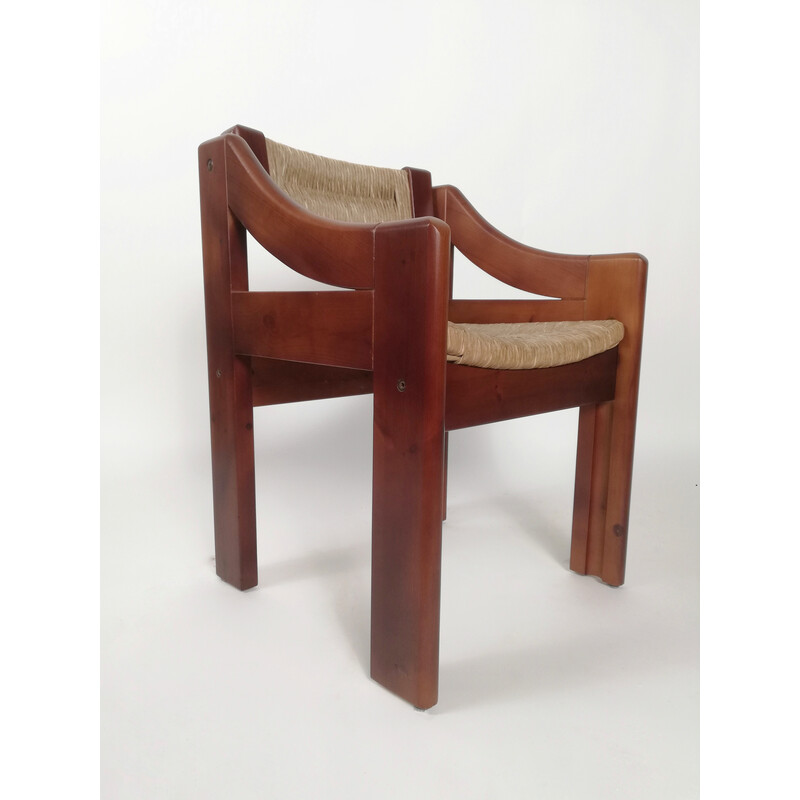 Set of 4 mid-century Brutalist pine and straw chairs by Fratelli Montina, Italy 1960s