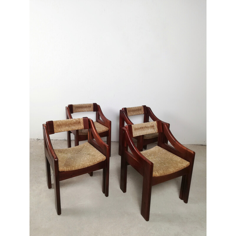 Conjunto de 4 cadeiras de pinho e palha brutalistas de meados do século de Fratelli Montina, Itália Anos 60