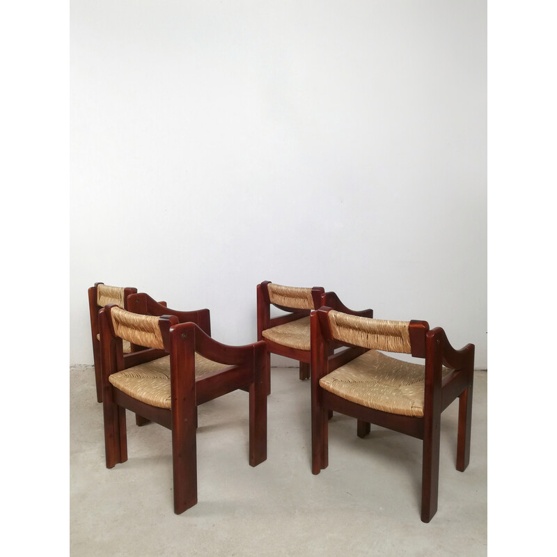 Conjunto de 4 cadeiras de pinho e palha brutalistas de meados do século de Fratelli Montina, Itália Anos 60
