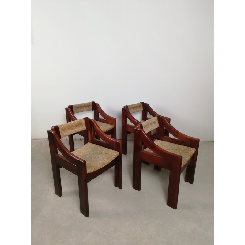 Set of 4 mid-century Brutalist pine and straw chairs by Fratelli Montina, Italy 1960s