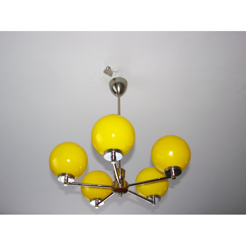 Vintage nickel-plated metal and glass chandelier, 1960s