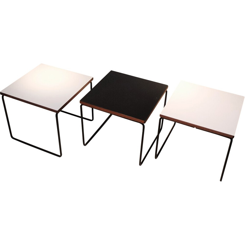 Set de 3 tables d'appoint blanches et noires Steiner, Pierre GUARICHE - 1960
