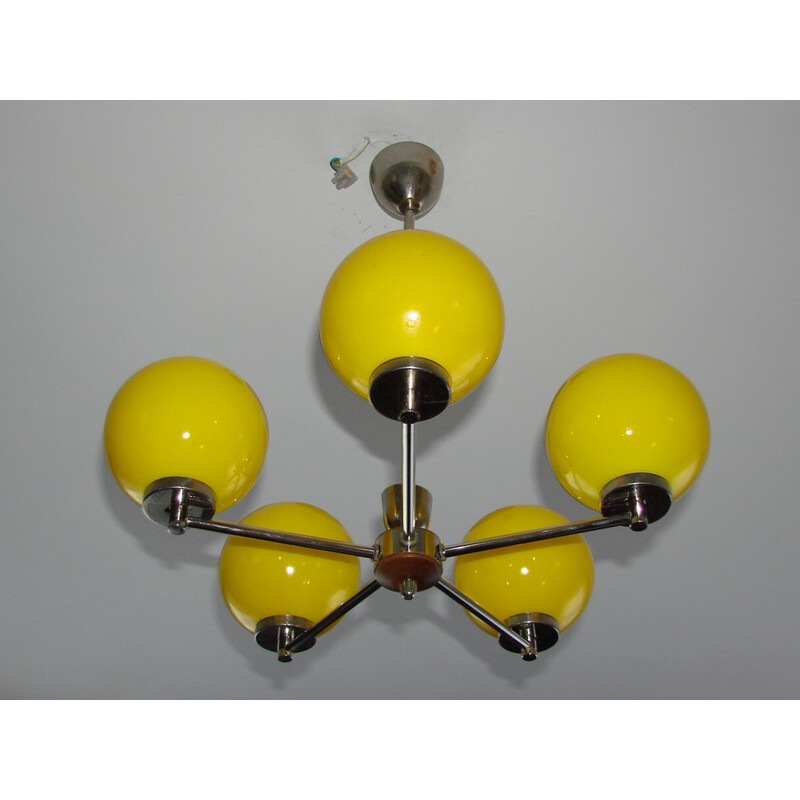 Vintage nickel-plated metal and glass chandelier, 1960s