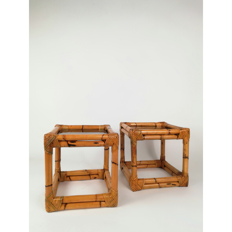 Pair of vintage bamboo, rattan and smoked glass side tables, Italy 1960s-1970s