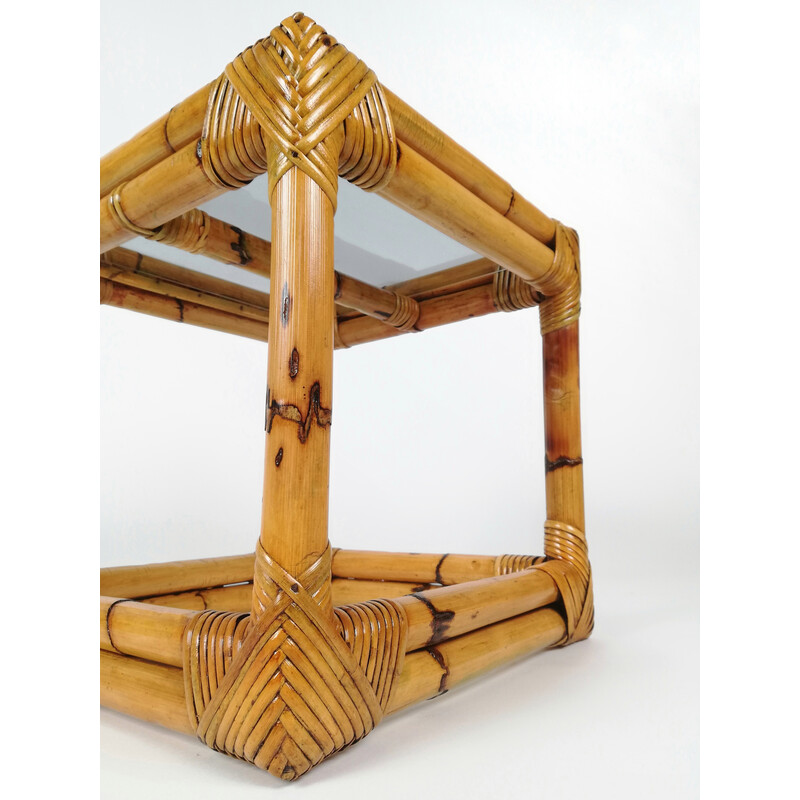 Pair of vintage bamboo, rattan and smoked glass side tables, Italy 1960s-1970s