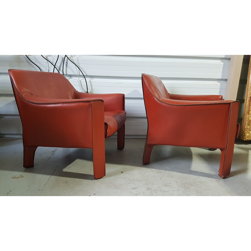 Pair of vintage Cab 415 leather armchairs by Mario Bellini for Cassina