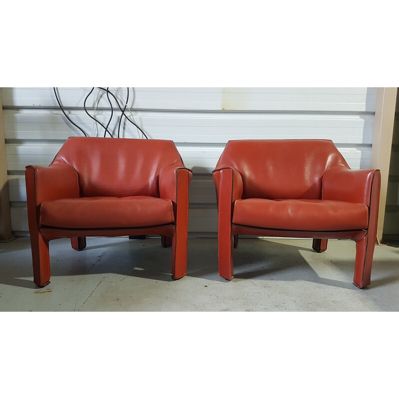 Pair of vintage Cab 415 leather armchairs by Mario Bellini for Cassina