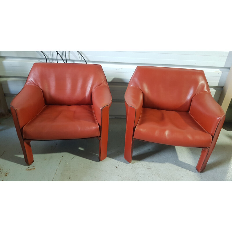 Pair of vintage Cab 415 leather armchairs by Mario Bellini for Cassina