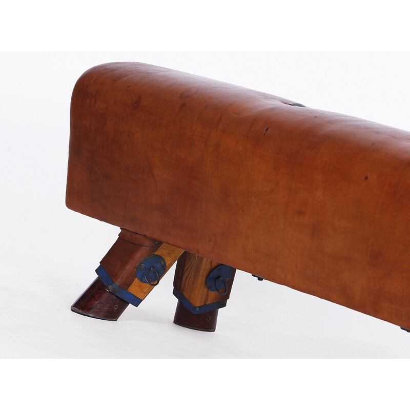 Vintage gymnastic leather pommel horse bench, Czechoslovakia 1930s