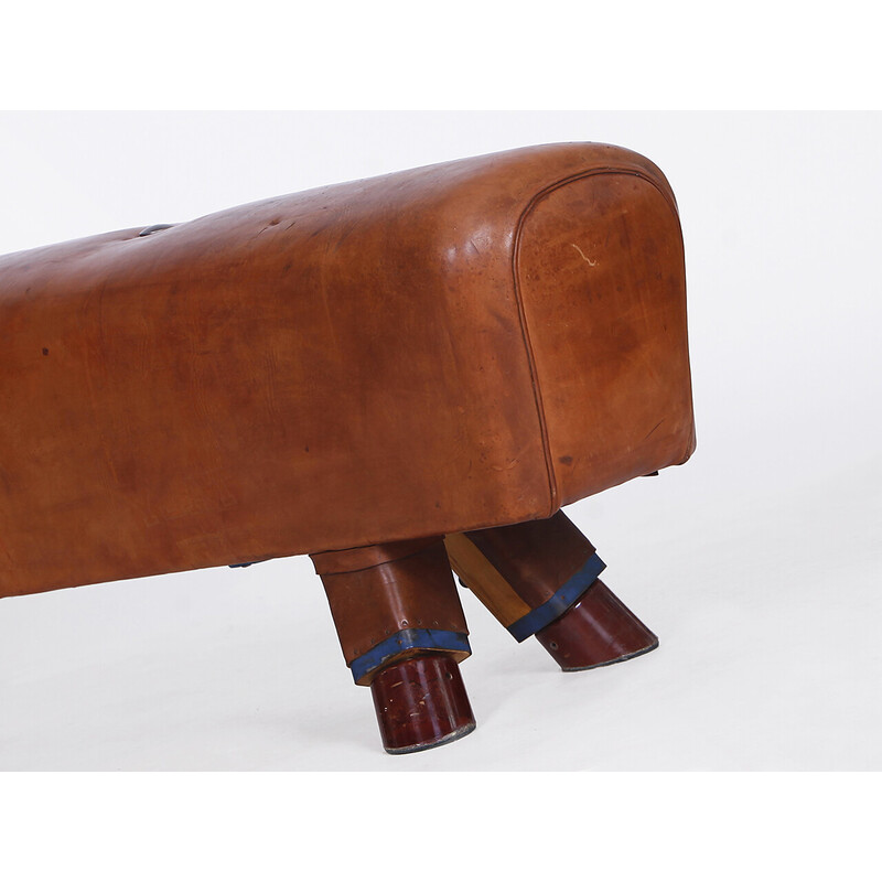 Vintage gymnastic leather pommel horse bench, Czechoslovakia 1930s