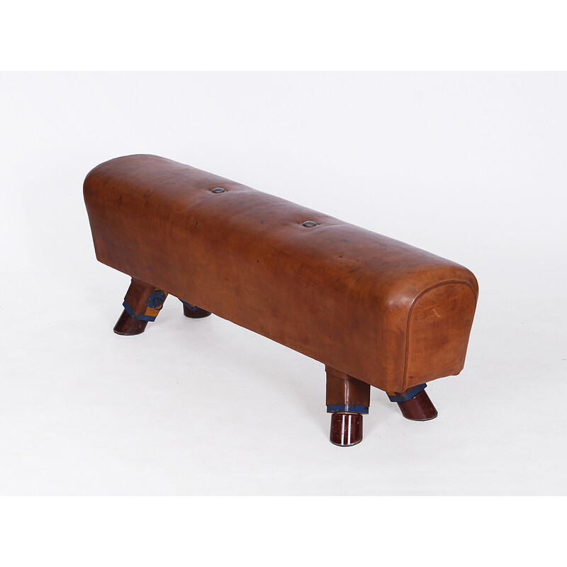 Vintage gymnastic leather pommel horse bench, Czechoslovakia 1930s