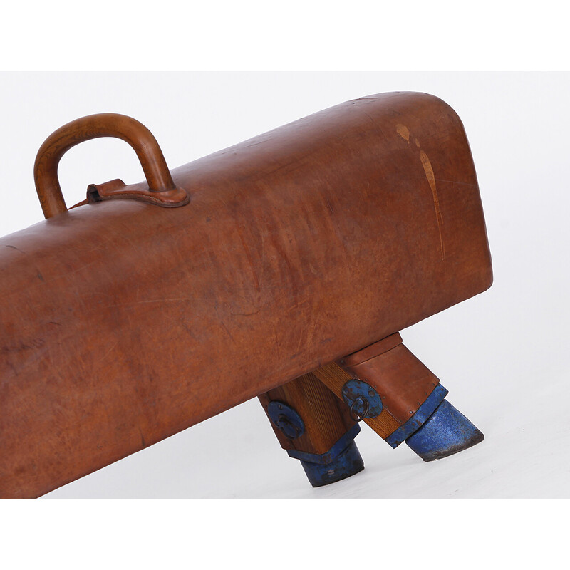 Vintage gymnastic leather pommel horse bench with wooden handles top, Czechoslovakia 1930s