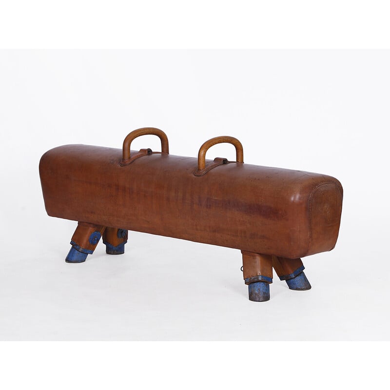 Vintage gymnastic leather pommel horse bench with wooden handles top, Czechoslovakia 1930s