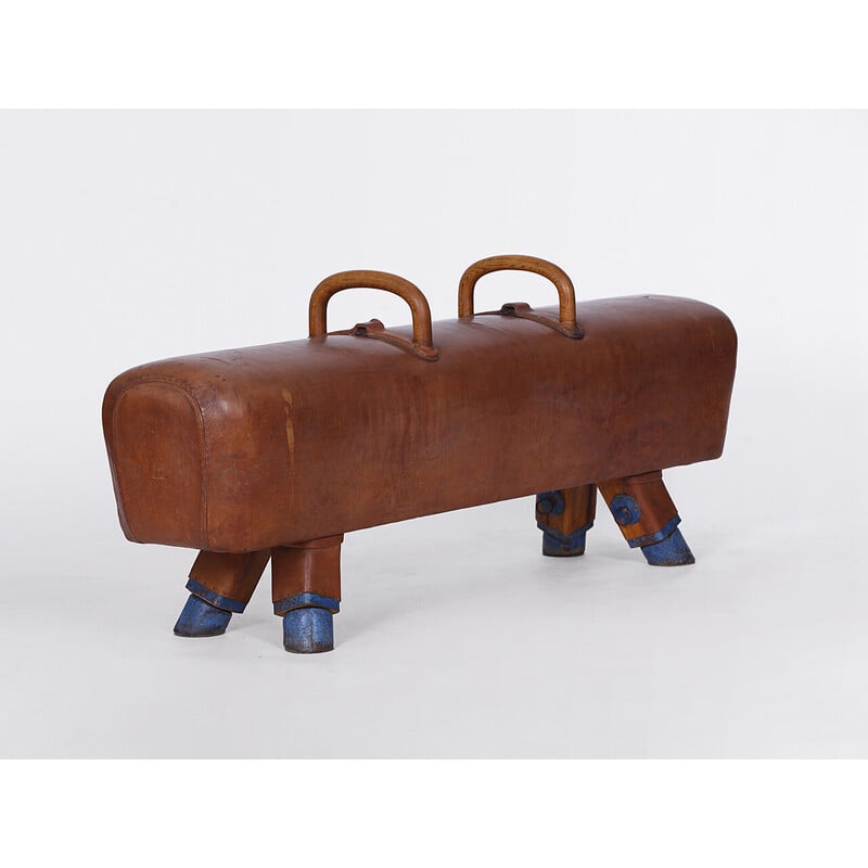 Vintage gymnastic leather pommel horse bench with wooden handles top, Czechoslovakia 1930s