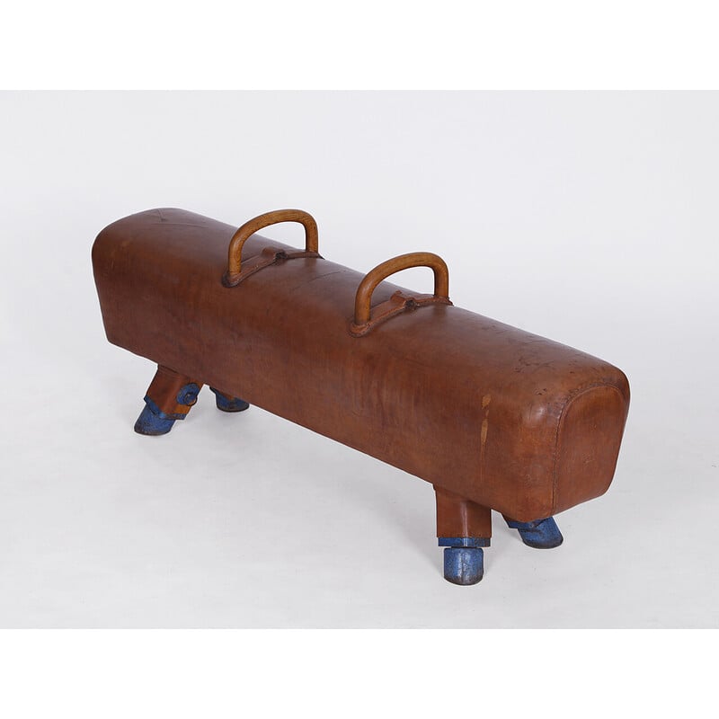 Vintage gymnastic leather pommel horse bench with wooden handles top, Czechoslovakia 1930s