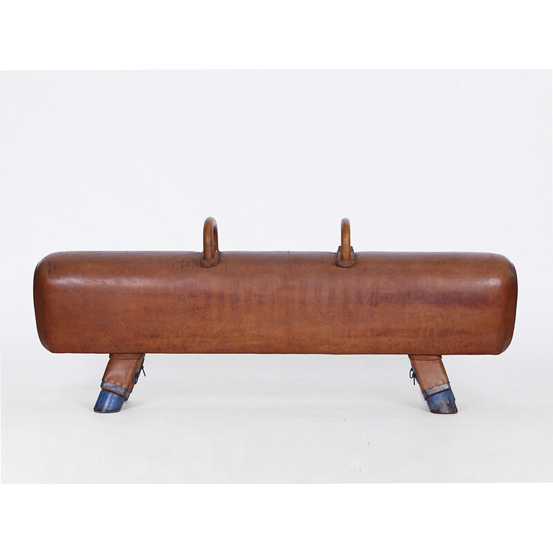 Vintage gymnastic leather pommel horse bench with wooden handles top, Czechoslovakia 1930s