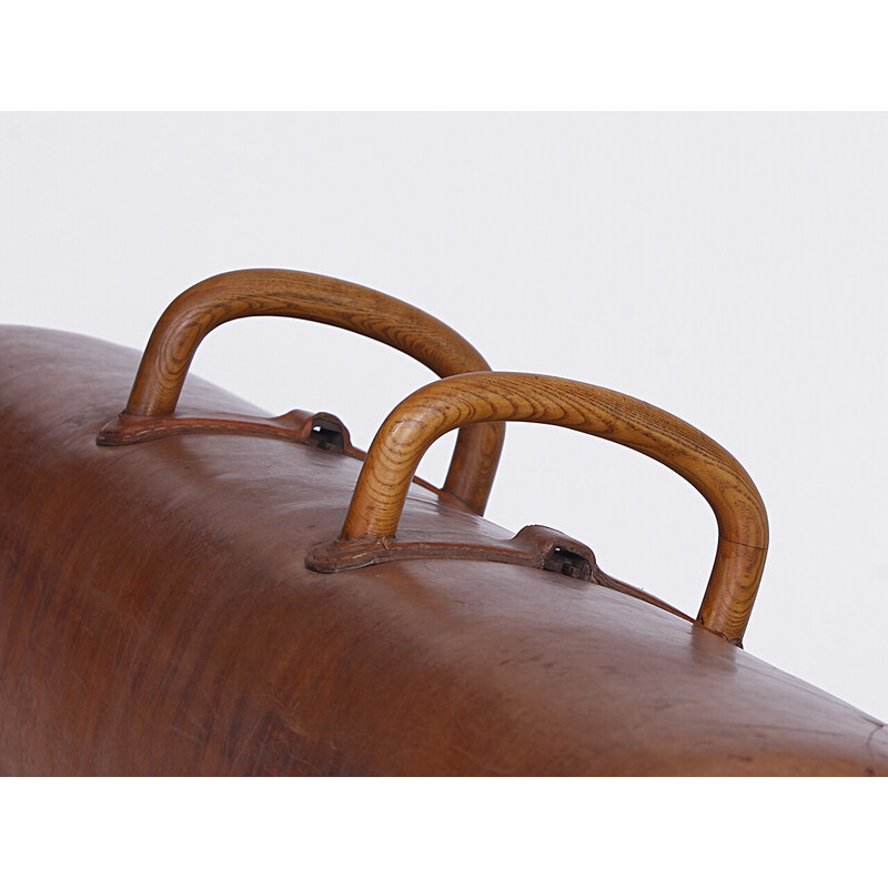 Vintage gymnastic leather pommel horse bench with wooden handles top, Czechoslovakia 1930s