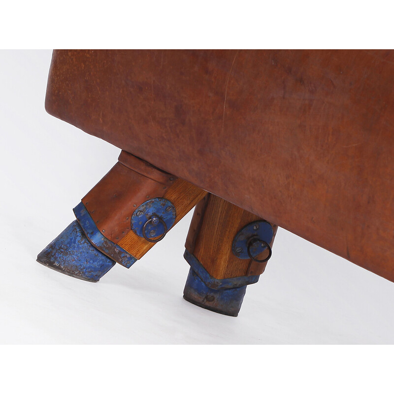 Vintage gymnastic leather pommel horse bench with wooden handles top, Czechoslovakia 1930s